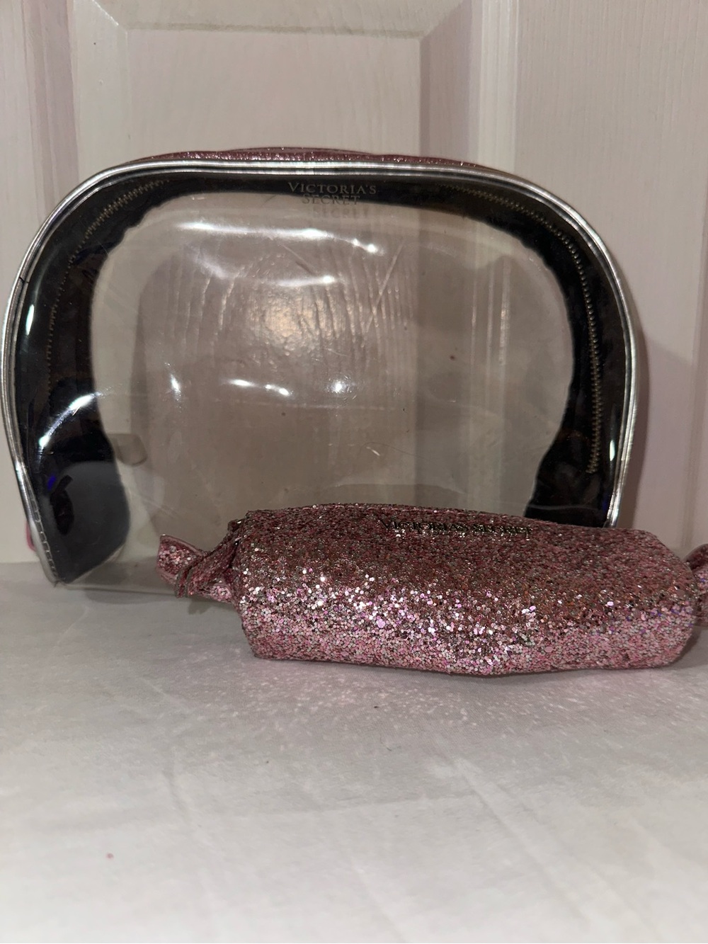 Victoria's Secret Clear Cosmetic Bag with Pink Glitter Pouch Set